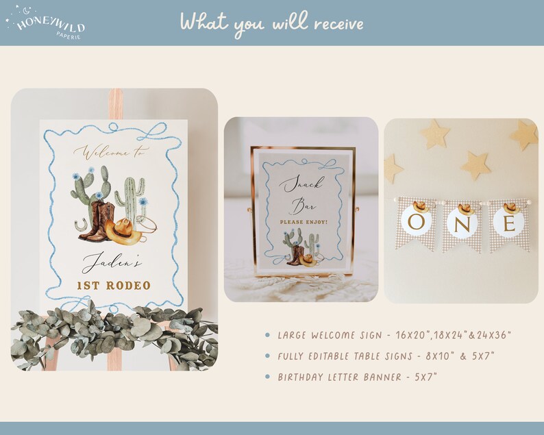 1st Rodeo Birthday Bundle featuring cowboy and western-themed elements, editable and printable, includes invitation and first birthday decor templates.