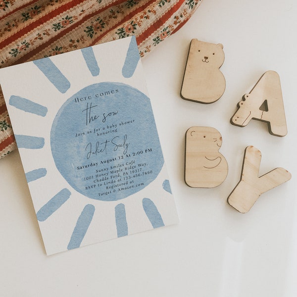 Here Comes The Son Sunshine Baby Shower Invitation, A Little Sunshine Is On The Way, Boho Sun Boy Baby Shower Invite Fully Editable#Y244