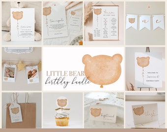 May include: A printable Little Bear birthday bundle featuring a watercolour bear balloon design. The bundle includes a welcome sign, a first year milestone chart, a thank you card, a favour tag, a cupcake topper, a buffet card, and a banner with the letters "one".