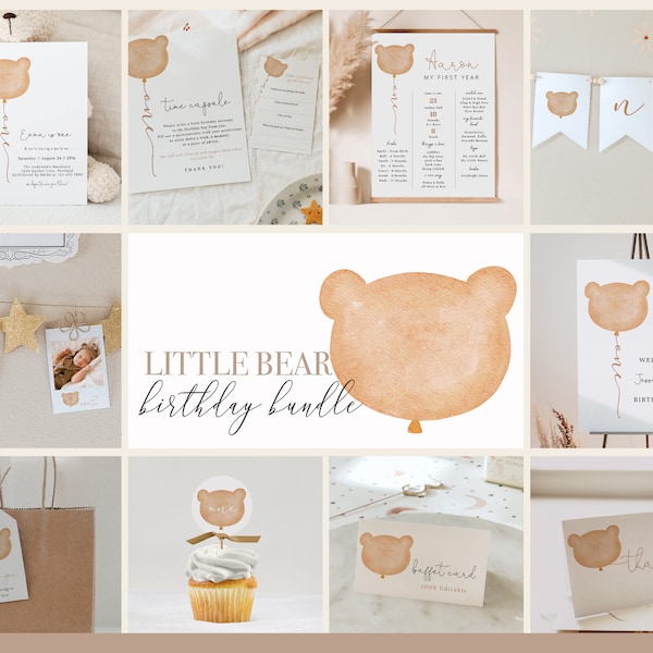 Little Bear Baby 1st Birthday Bundle Editable Template Package, Teddy Bear Picnic Birthday Decor Set, Minimal Brown Bear#Y231