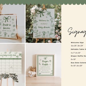 Complete Locally Grown baby shower bundle with matching invitations, games, books for baby cards, favor tags, welcome signs, and decor. Features green gingham patterns and hand drawn farmers market illustrations for garden, organic, and cottagecore themed baby shower celebrations.