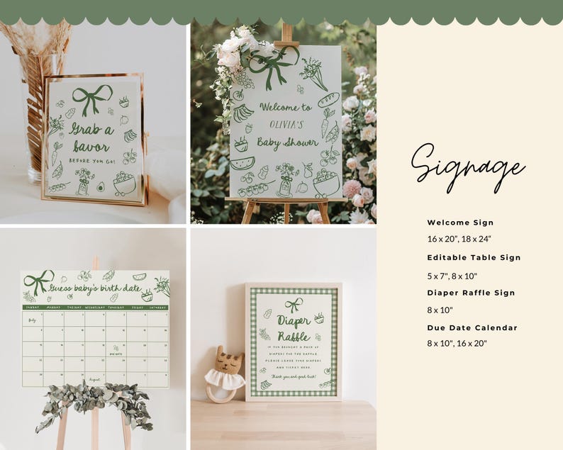 Complete Locally Grown baby shower bundle with matching invitations, games, books for baby cards, favor tags, welcome signs, and decor. Features green gingham patterns and hand drawn farmers market illustrations for garden, organic, and cottagecore themed baby shower celebrations.