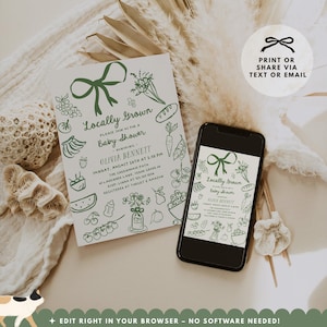 Complete Locally Grown baby shower bundle with matching invitations, games, books for baby cards, favor tags, welcome signs, and decor. Features green gingham patterns and hand drawn farmers market illustrations for garden, organic, and cottagecore themed baby shower celebrations.