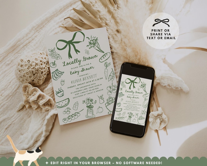 Complete Locally Grown baby shower bundle with matching invitations, games, books for baby cards, favor tags, welcome signs, and decor. Features green gingham patterns and hand drawn farmers market illustrations for garden, organic, and cottagecore themed baby shower celebrations.