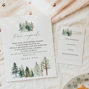 May include: A printable time capsule card with a watercolor illustration of a forest. The card has instructions for writing a birthday message to a boy, filling out a questionnaire, or writing down a wish, a memory, or a piece of advice. The card also includes the text "Time Capsule Predictions".