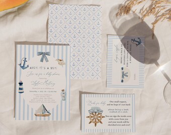 Nautical Baby Shower Invitation Set, Ahoy It's a Boy Sailboat (Editable Template)