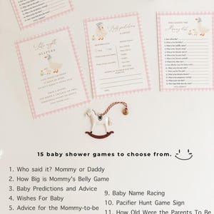 Pink gingham goose baby shower games bundle featuring charming goose and gosling illustrations, soft baby girl colors, and vintage storybook styling. Coordinated silly goose baby shower activity collection with matching printable games for a fun, memorable, and beautifully themed celebration.