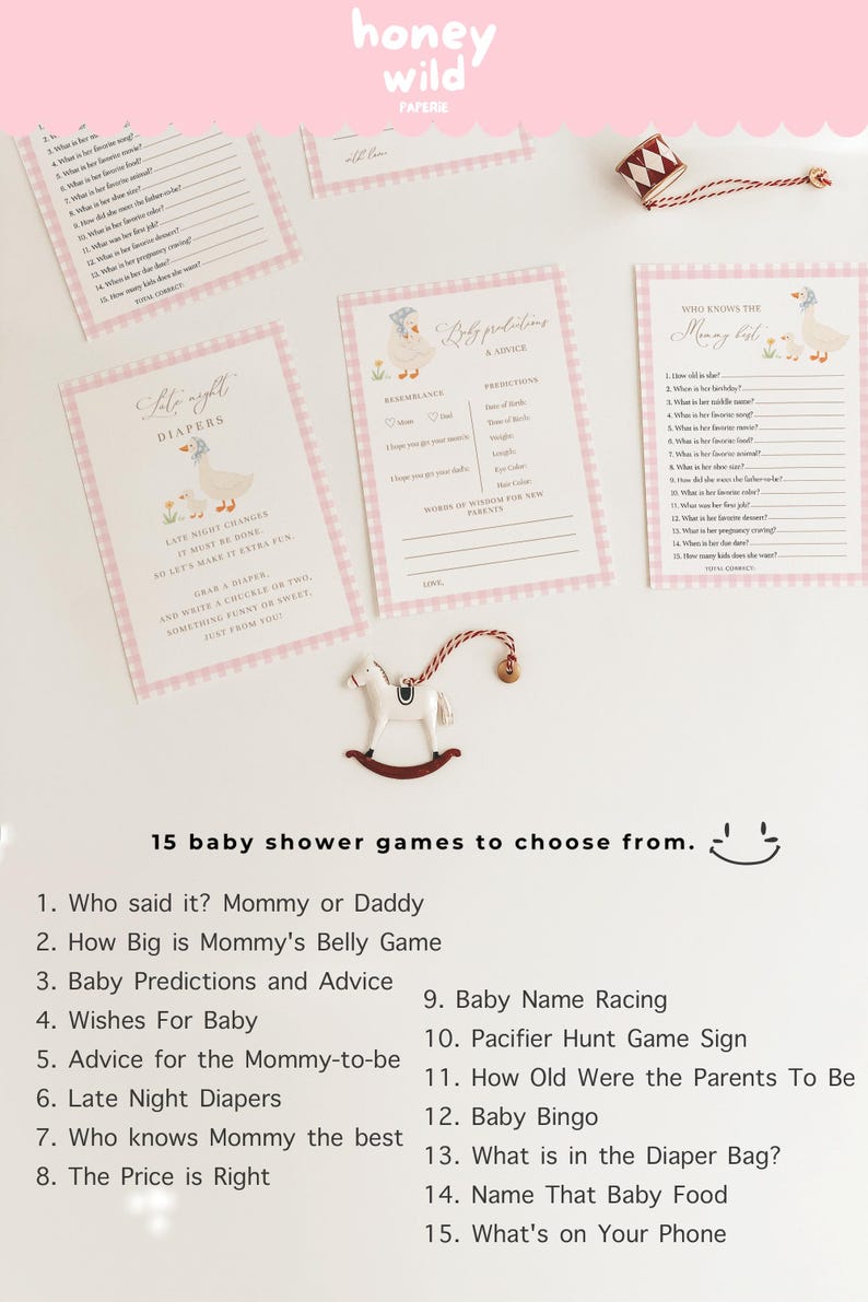 Pink gingham goose baby shower games bundle featuring charming goose and gosling illustrations, soft baby girl colors, and vintage storybook styling. Coordinated silly goose baby shower activity collection with matching printable games for a fun, memorable, and beautifully themed celebration.