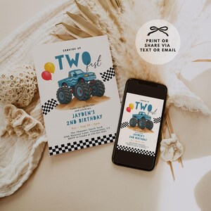Blue monster truck 2nd birthday invitation with “Two Fast” wording, checkered flags, balloons, and editable text. Perfect for a crash bash or monster truck party theme for boys.