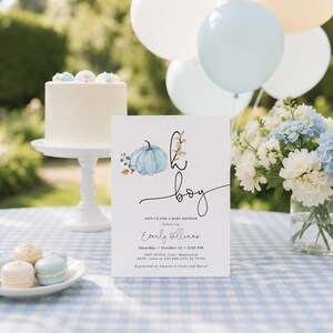 Blue Gingham Baby Shower Invitation Set with watercolor blue pumpkins, classic blue gingham pattern, and minimalist fall styling. Includes invitation, Books for Baby card, Diaper Raffle ticket, and Thank You Card. Perfect for boy fall baby showers, little pumpkin themes, harvest celebrations, and baby boy events.