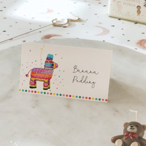 Cartão editável da barraca da etiqueta do alimento da festa da fiesta-personalize seus cartões de nome do prato do buffet, modelos dos cartões do lugar da piñata da fiesta # ya1
