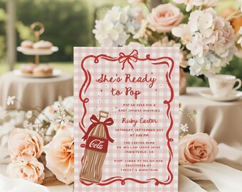 She's Ready to Pop Soda Baby Shower Invitation – Pink Gingham Soda Pop Theme – Editable Hand Drawn Invite#HA1
