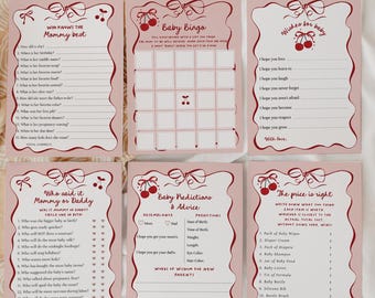 Bewerkbare kersenboom babyshower spelbundel - kers op top babyshower activiteiten meisje - handgetekende coquette lint strik kersen#VB3