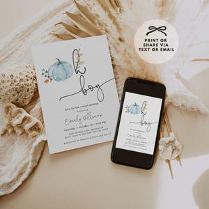 Blue Gingham Baby Shower Invitation Set with watercolor blue pumpkins, classic blue gingham pattern, and minimalist fall styling. Includes invitation, Books for Baby card, Diaper Raffle ticket, and Thank You Card. Perfect for boy fall baby showers, little pumpkin themes, harvest celebrations, and baby boy events.