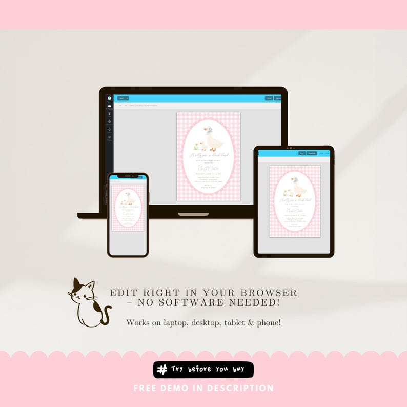 Pink gingham Silly Goose baby shower bundle featuring charming goose and gosling illustrations, soft baby girl colors, and vintage storybook styling. Coordinated girl goose baby shower decor collection with matching invitations, diaper raffle cards, books for baby cards, thank you cards, and printable party templates.