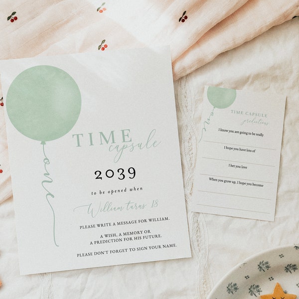 Sage Green Balloon Baby 1st Birthday Time Capsule Sign and Matching Printable Message Cards • INSTANT DOWNLOAD • Fully Editable Template#R19