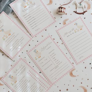 Pink gingham goose baby shower games bundle featuring charming goose and gosling illustrations, soft baby girl colors, and vintage storybook styling. Coordinated silly goose baby shower activity collection with matching printable games for a fun, memorable, and beautifully themed celebration.