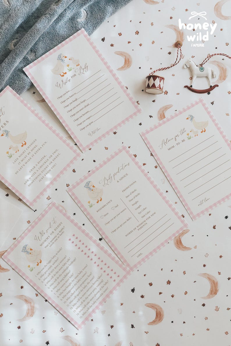 Pink gingham goose baby shower games bundle featuring charming goose and gosling illustrations, soft baby girl colors, and vintage storybook styling. Coordinated silly goose baby shower activity collection with matching printable games for a fun, memorable, and beautifully themed celebration.