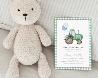 Invitación de cumpleaños de tractor para 3.er cumpleaños / Invitación editable para fiesta de cumpleaños de niño tractor verde / Comienza tu invitación de cumpleaños de niño tractor # BO4