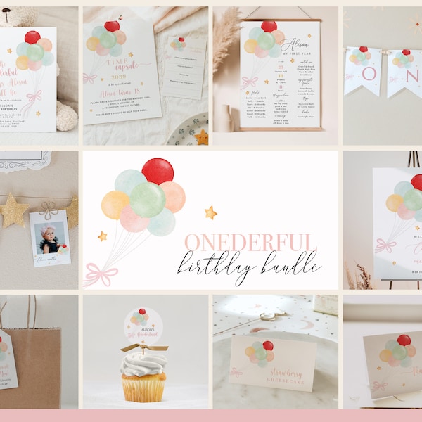 Kit per la festa di compleanno "Le cose meravigliose che sarai" con inviti personalizzabili, tappe fondamentali e decorazioni, Onederland Birthday #Y239