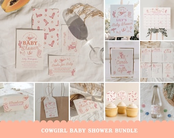 Cowgirl Baby Shower Bundle - Editable Wild West Western Cowgirl Baby Shower Invitation, Decor & Games - Hand Drawn Pink Western Theme#YF1