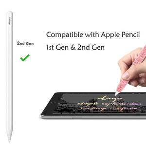 May include: A pink glitter Apple Pencil skin compatible with both the 1st and 2nd generation Apple Pencils. The skin is shown being used on a tablet screen with handwritten text.