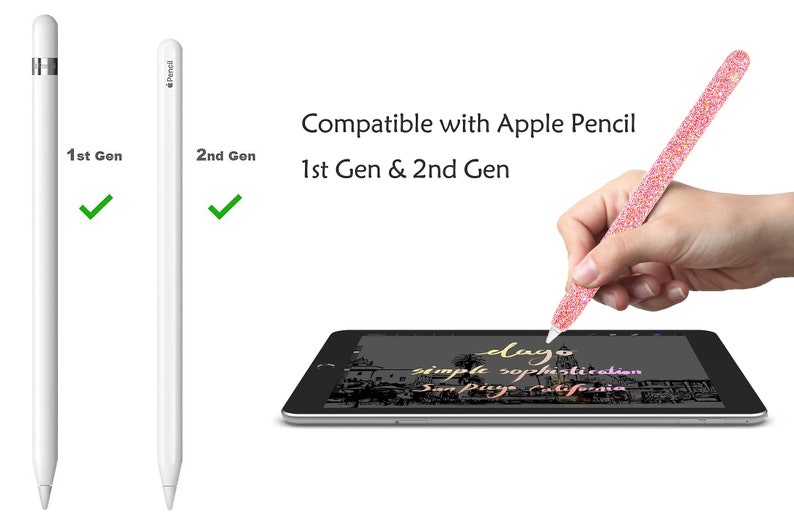 May include: A pink glitter Apple Pencil skin compatible with both the 1st and 2nd generation Apple Pencils. The skin is shown being used on a tablet screen with handwritten text.