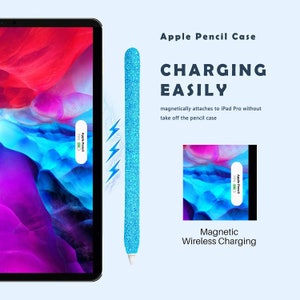 May include: A blue glitter Apple Pencil case with magnetic charging capabilities. The case is shown attached to an iPad Pro, with the text "Apple Pencil Case" and "CHARGING EASILY" above the case. The text "magnetically attaches to iPad Pro without take off the pencil case" is below the case. The text "Magnetic Wireless Charging" is below the iPad Pro.