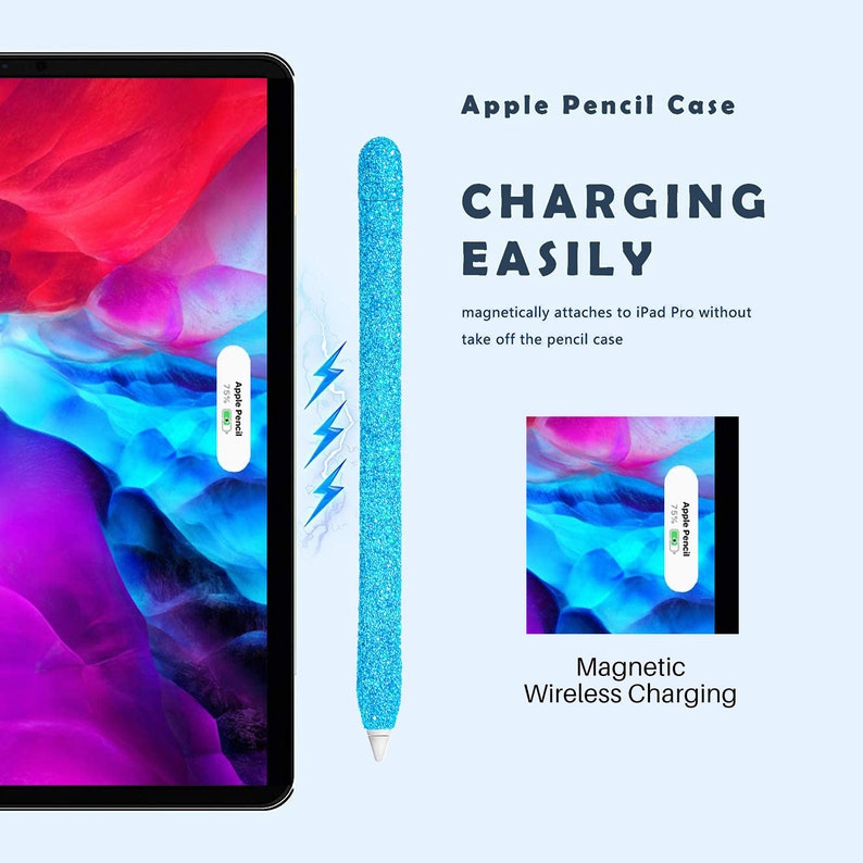 May include: A blue glitter Apple Pencil case with magnetic charging capabilities. The case is shown attached to an iPad Pro, with the text "Apple Pencil Case" and "CHARGING EASILY" above the case. The text "magnetically attaches to iPad Pro without take off the pencil case" is below the case. The text "Magnetic Wireless Charging" is below the iPad Pro.