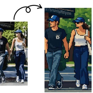 May include: Pixelated illustration of a couple walking and holding hands. The man wears a black t-shirt, blue jeans, and a blue baseball cap. The woman wears a white tank top, blue jeans, a blue baseball cap, and sunglasses. The background is a city street.