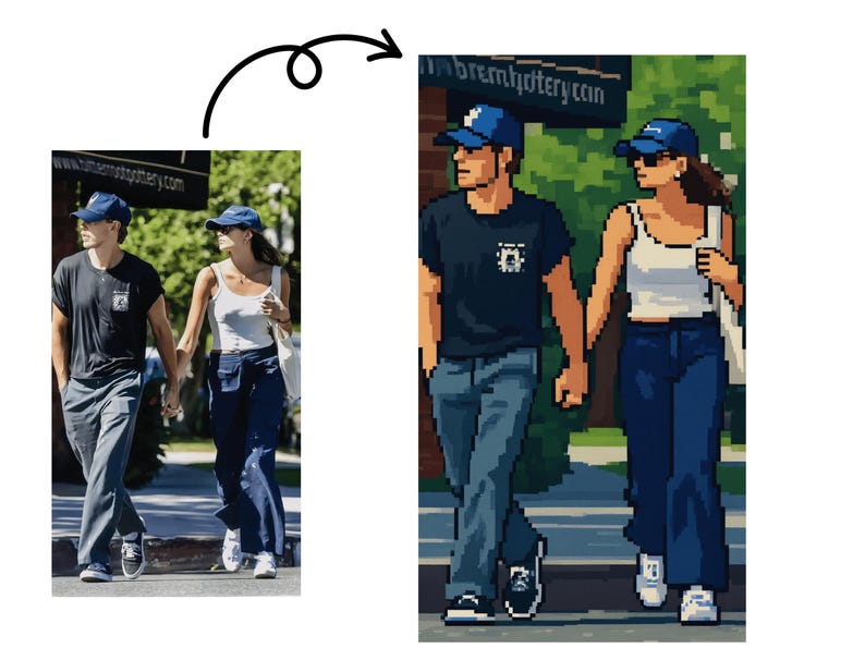 May include: Pixelated illustration of a couple walking and holding hands. The man wears a black t-shirt, blue jeans, and a blue baseball cap. The woman wears a white tank top, blue jeans, a blue baseball cap, and sunglasses. The background is a city street.