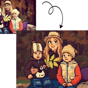 May include: A pixelated illustration of a family of three. A woman and two children are wearing hats and fall attire. The children are wearing jackets and jeans. The background is a blurred forest scene.