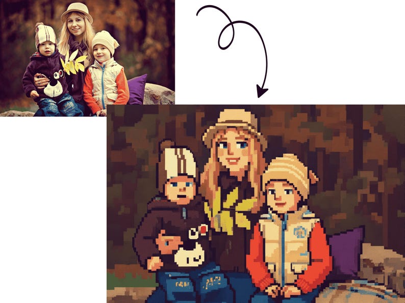 May include: A pixelated illustration of a family of three. A woman and two children are wearing hats and fall attire. The children are wearing jackets and jeans. The background is a blurred forest scene.