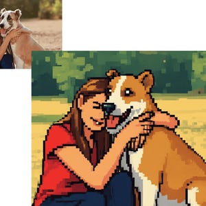 May include: Pixelated illustration of a person hugging a dog. The person is wearing a red shirt and blue jeans. The dog has brown and white fur. The background features a green and yellow landscape.