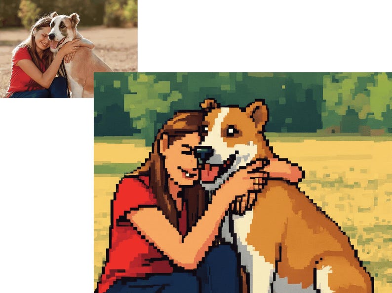 May include: Pixelated illustration of a person hugging a dog. The person is wearing a red shirt and blue jeans. The dog has brown and white fur. The background features a green and yellow landscape.