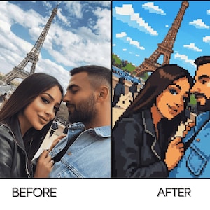 May include: A split image shows a couple in front of the Eiffel Tower. The left side is a photograph, the right side is a pixelated illustration of the same scene. The text "BEFORE" and "AFTER" are below the images.
