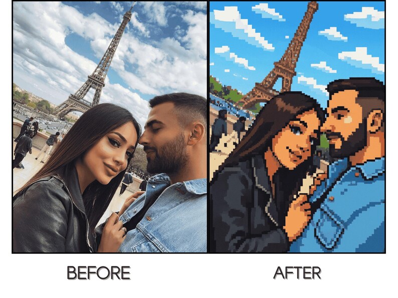 May include: A split image shows a couple in front of the Eiffel Tower. The left side is a photograph, the right side is a pixelated illustration of the same scene. The text "BEFORE" and "AFTER" are below the images.
