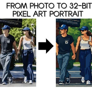 May include: Image showing a transformation from a photograph to a 32-bit pixel art portrait. The original photo depicts a couple walking and holding hands. The pixel art version retains the couple, their clothing, and the background.