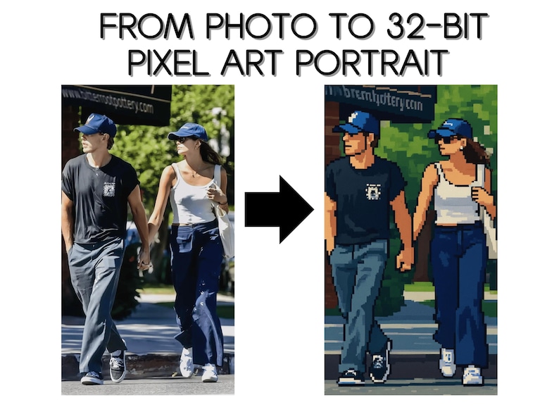 May include: Image showing a transformation from a photograph to a 32-bit pixel art portrait. The original photo depicts a couple walking and holding hands. The pixel art version retains the couple, their clothing, and the background.