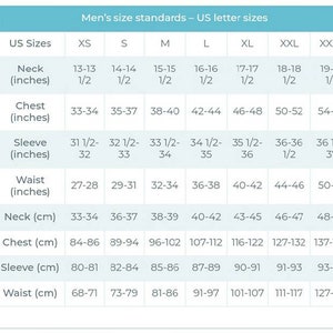 May include: A chart showing men's clothing size standards in US letter sizes. The chart includes neck, chest, sleeve, and waist measurements in inches and centimeters.