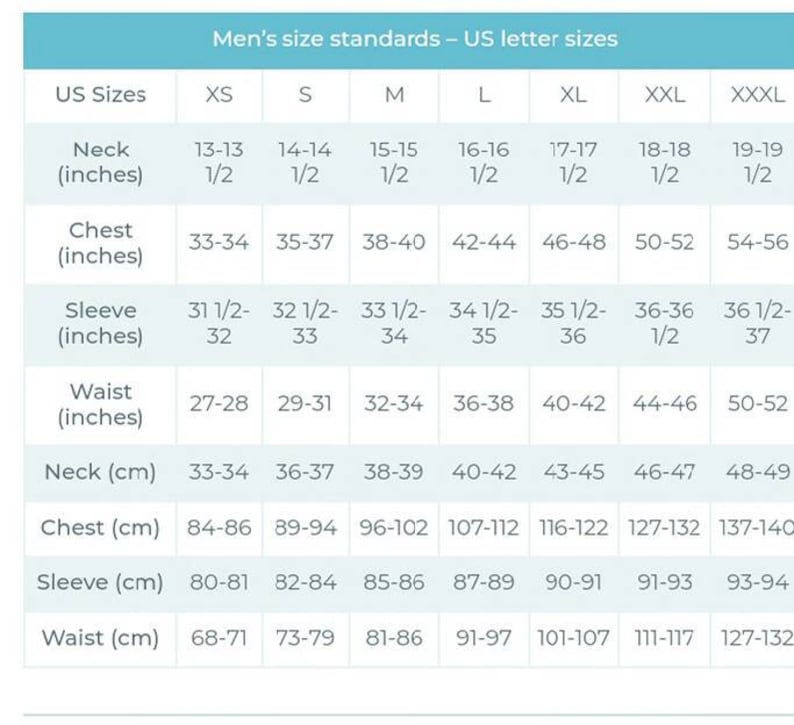 K&ouml;nnte beinhalten: Eine Tabelle mit den Gr&ouml;&szlig;enstandards f&uuml;r Herrenbekleidung in US-Buchstaben. Die Tabelle enth&auml;lt die Ma&szlig;e f&uuml;r Hals, Brust, &Auml;rmel und Taille in Zoll und Zentimetern.