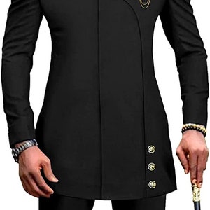 May include: A black suit with a mandarin collar and gold trim. The jacket has a single button closure and a gold crown pin. The pants have a straight leg.