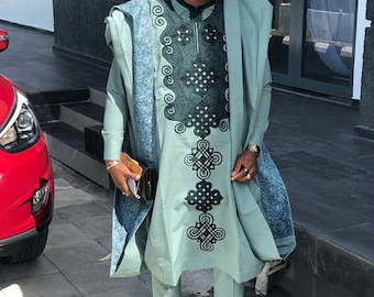 Sile Afrikanischer 3-teiliger Anzug, Agbada Set, passendes Hemd und Hose/ afrikanische Kleidung / afrikanische Männerkleidung / Hochzeitsanzug/Bräutigamanzug/Dashiki
