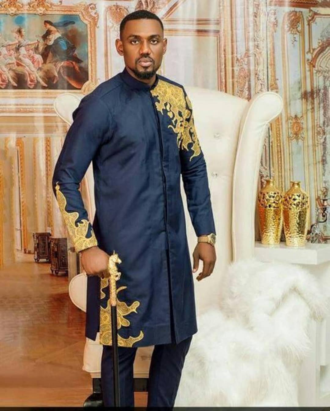 Men's Navy Blue African Dashiki Dress With Gold Embroidery – Festival Wedding Attire