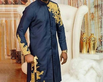 Men's Navy Blue African Dashiki Dress with Gold Embroidery – Festival Wedding Attire