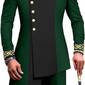 May include: A two-piece suit in green and black with gold accents. The jacket has a mandarin collar and a single row of gold buttons down the front. The pants have a straight leg.