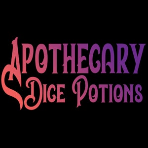 May include: A purple and pink logo with the text "Apothecary Dice Potions" in a stylized font.