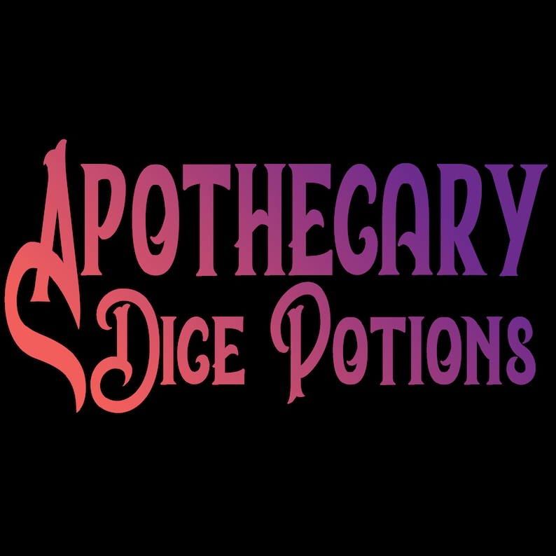 May include: A purple and pink logo with the text "Apothecary Dice Potions" in a stylized font.