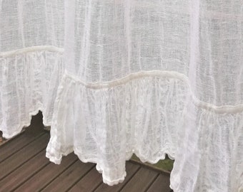 Tenda a pannello in garza di lino bianco con volant, tende da finestra in stile boho, tende trasparenti, tende in lino naturale e arioso, tende da fattoria