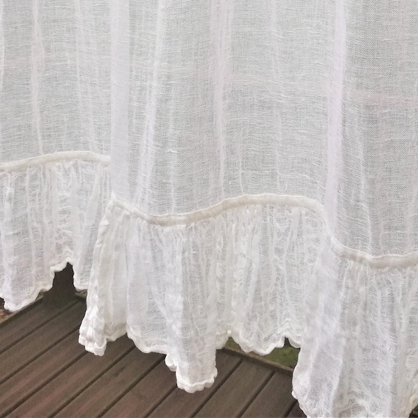 White Linen Gauze Curtain Panel with Ruffle, Boho Window Curtains, Sheer Curtain, Natural Airy Linen drapes, Farmhouse Curtains